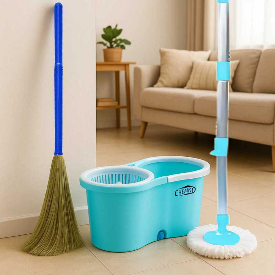 Chemko Grass Broom (Phool Jhadu) + Chemko Rectangular Bucket with Spin Mop
