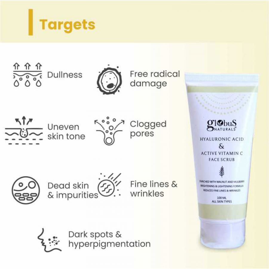 Globus Naturals Hyaluronic Acid & Active Vitamin C Face Scrub, Enriched with Walnut & Mulberry, Brightening & Lightening Formula, Reduces Fine Lines & Wrinkles, Suitable for All Skin Types (100 ML)