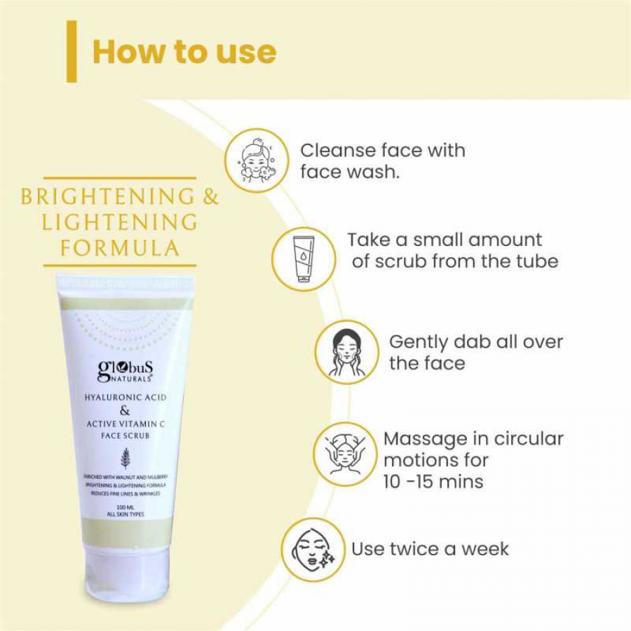 Globus Naturals Hyaluronic Acid & Active Vitamin C Face Scrub, Enriched with Walnut & Mulberry, Brightening & Lightening Formula, Reduces Fine Lines & Wrinkles, Suitable for All Skin Types (100 ML)
