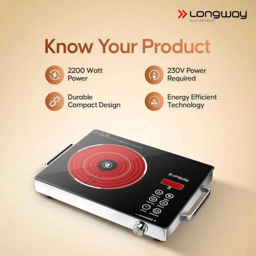 Longway Infralite Pro Infrared Induction Cooktop Touch Control (2200 watts) | Free Stainless Steel Grill
