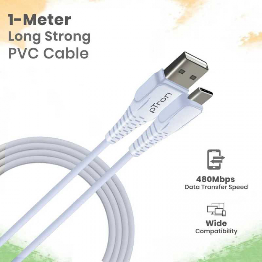 Ptron Solero T241 White Cable 2.4A USB To Type-C Fast Charge Tangle-free | 480Mbps Data Transfer (1 Meter)