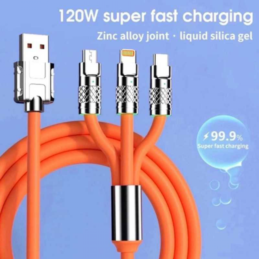 Tecsox 3 in 1 Mettalic Finish 5A Fast Charging Cable (120 Watts)